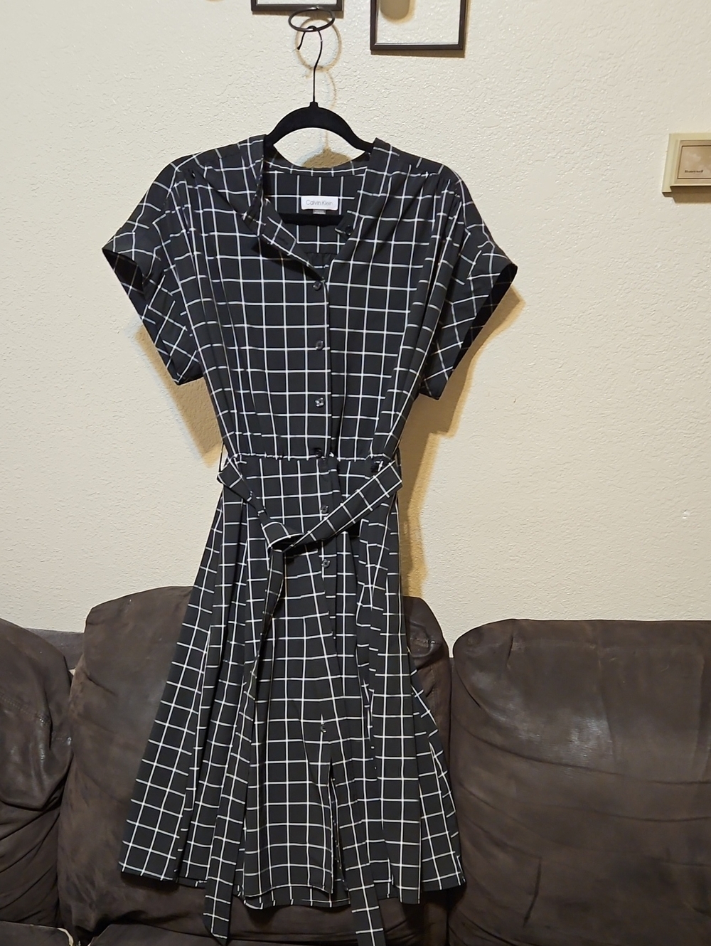 Calvin Klein Black Windowpane Shirt Dress with Belt